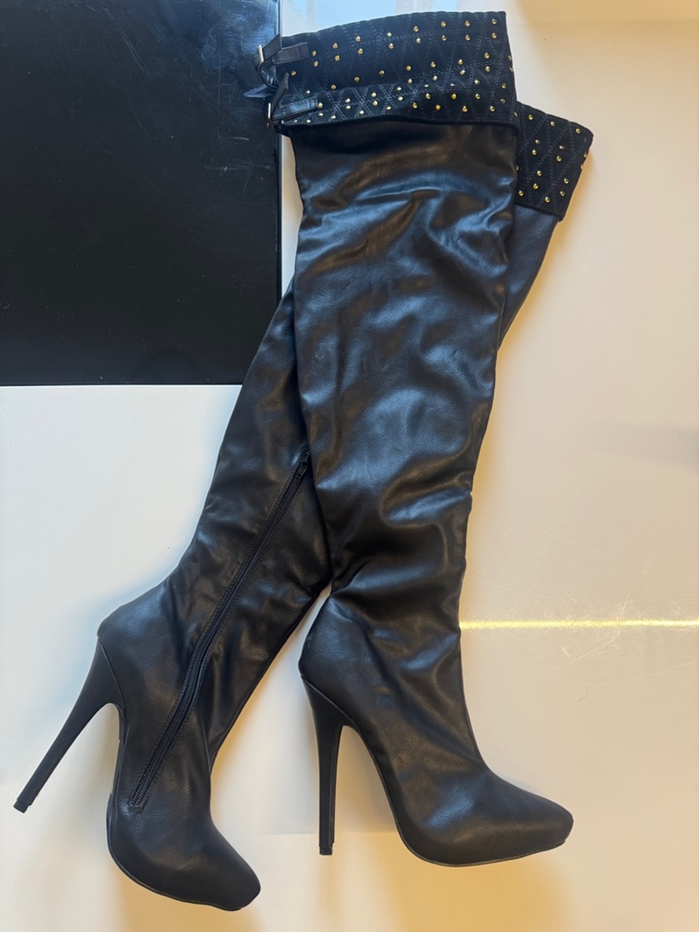 Scene Black Over-the-Knee High Heel Boots with Studded Cuff